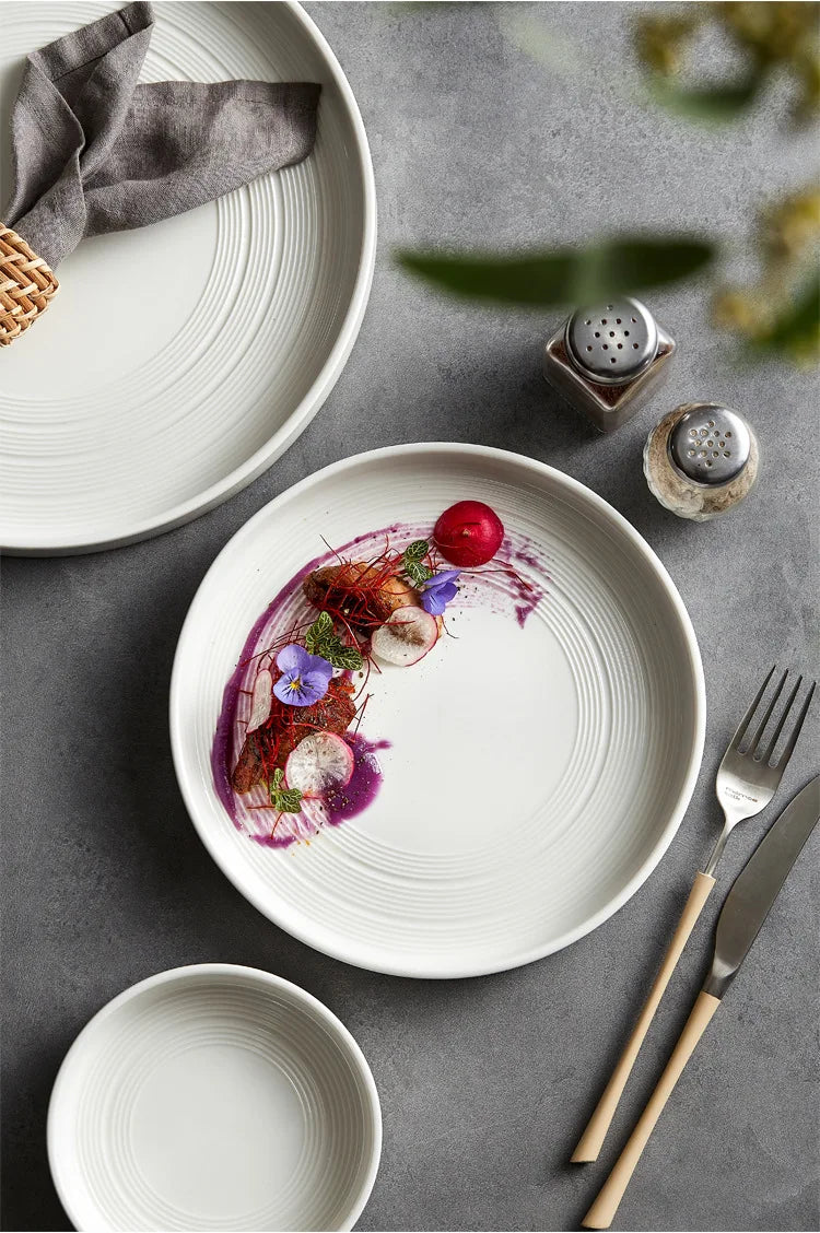 High end white ceramic steak brushed tableware, ceramic salad pasta plate dinner set plates and dishes ceramic plate sushi plate.