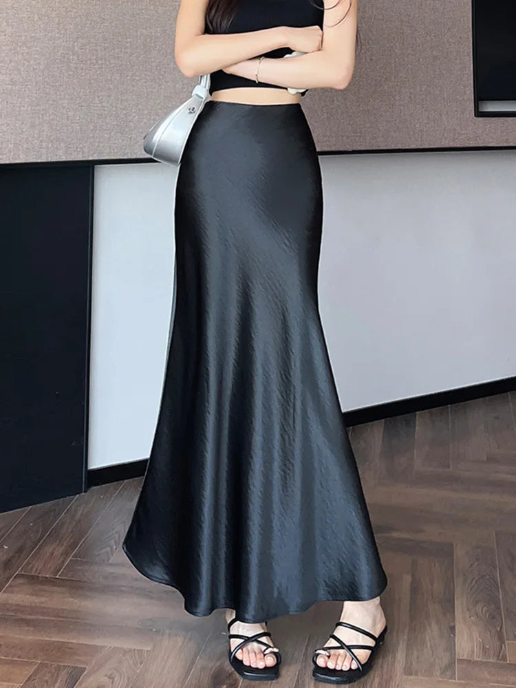 Zoki Chic Satin Elegant Long Skirt Women Casual Fashion High Waist Sweet Trumpet Skirts Slim Summer Female Korean Long Skirts.