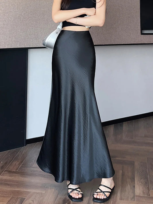 Zoki Chic Satin Elegant Long Skirt Women Casual Fashion High Waist Sweet Trumpet Skirts Slim Summer Female Korean Long Skirts.