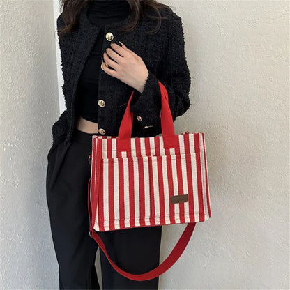 Cool Street Handbag, Large Capacity Women's Shoulder Bag, Trendy Striped Canvas Crossbody Bag, Fashion Travel Shopping Tote Bag.