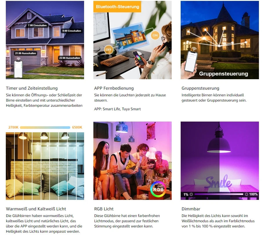 LED-Glühbirne E27 Bluetooth 9W 806LM Smart LED dimmbare Glühbirne, warmweiß (2700K) kaltweißes (6500K) Licht, 2St.