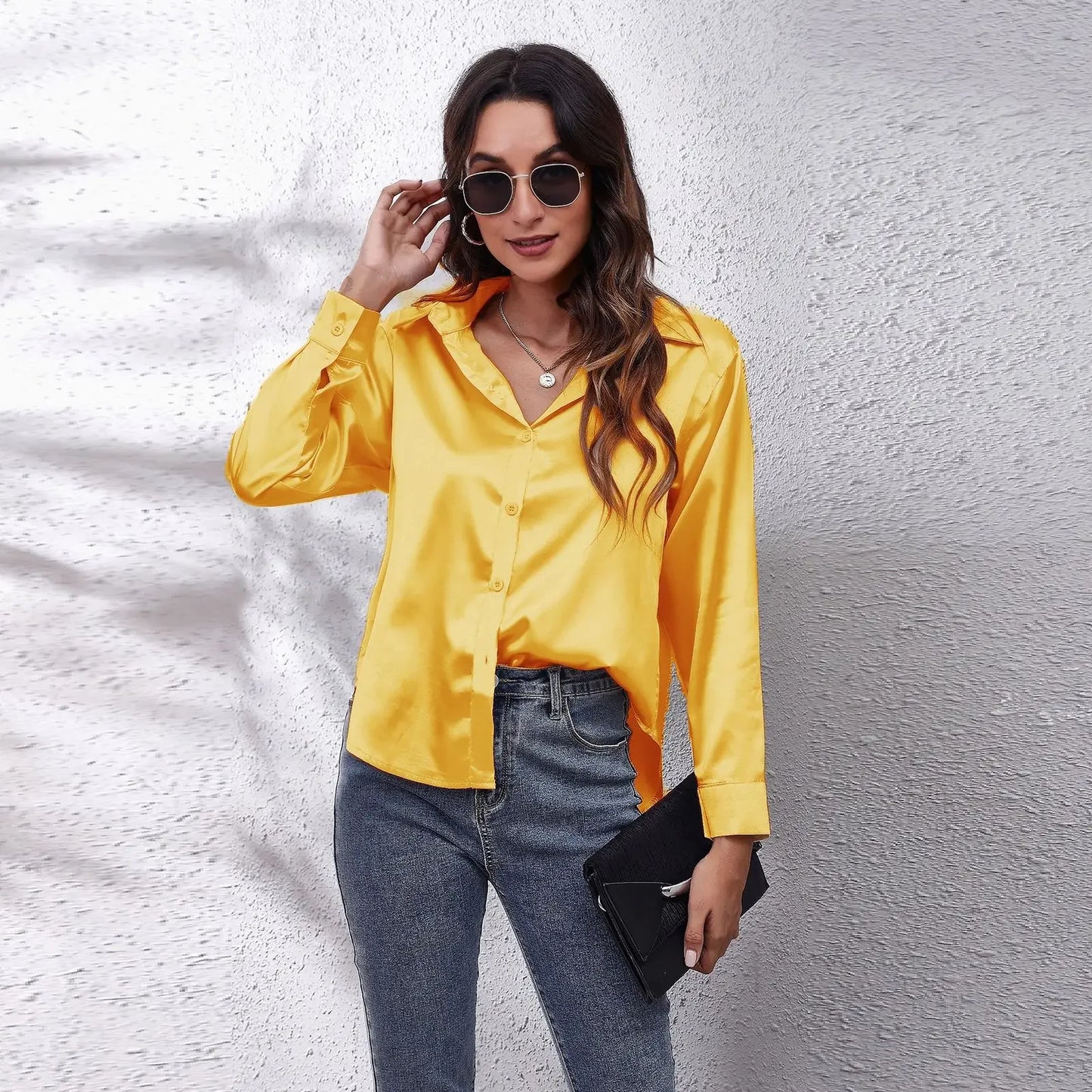 Autumn Women Solid Satin Shirt Long Sleeve Imitation Silk Loose Button Up Blouse Shirt Ladies Tops Fashion Clothing