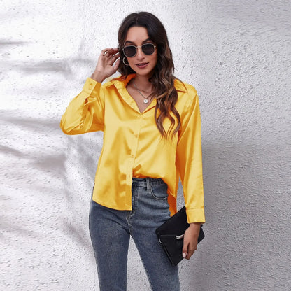 Autumn Women Solid Satin Shirt Long Sleeve Imitation Silk Loose Button Up Blouse Shirt Ladies Tops Fashion Clothing