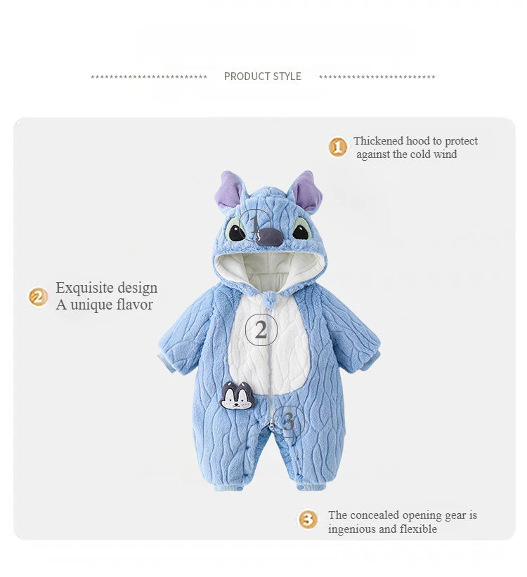 MINISO Stitch Winter Baby Verdickte Gepolsterte Baumwolle Kletterkleidung Niedlicher Säuglingsbodysuit Warmes Ausgehen Outfit Kawaii 0-1 Jahre.