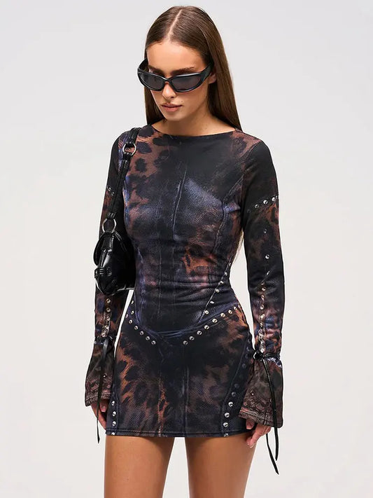 GACVGA Vintage Druck Sexy Bodycon Mini Kleid Für Frauen 2024 Herbst Winter Mode Volle Hülse Weibliche Club Party Kleider