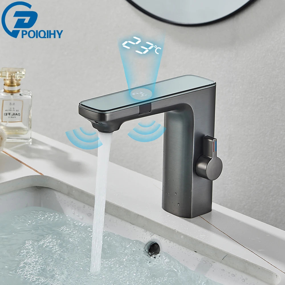 White Smart Sensor Basin Faucet Screen Digital Display Hot Cold Water Mixer Tap Touchless Vanity Sink Faucet For Bathroom