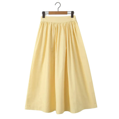 YENKYE 2025 Women Yellow White Cotton Big Swing Long Skirt Vintage High Waist Side Zipper A-line Summer Skirts Holiday.