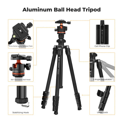 K&F Concept 178cm Lightweight Camera Tripod Cellphone Clip Travel DSLR Tripod for Nikon Canon Camera Outdoor Live Streaming Vlog.
