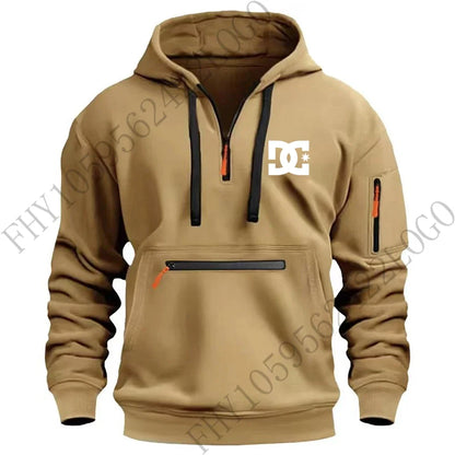 New men's hooded sportswear for autumn and winter 2025, long-sleeved multi-zipper pocket outdoor fishing casual pullover.