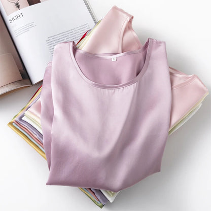 Women 100% Mulberry Silk 19 Momme half sleeve Crew Neck Top Shirt Blouse T-shirt More Colors M L XL MM4270.
