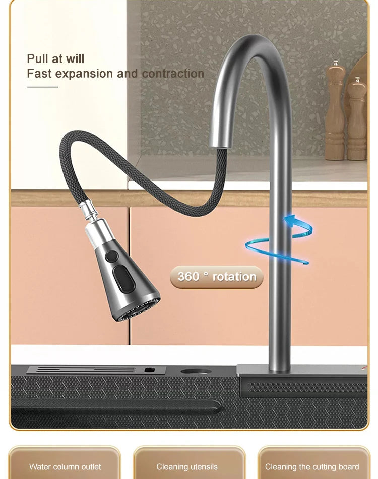 Large Single Slot Embossed Stainless Steel Waterfall Kitchen Sink  Household Wash basin Dishwashing  Sink For Kitchen