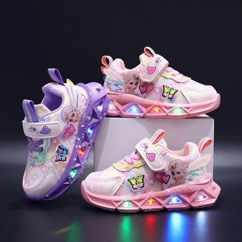 Disney LED Casual Sneakers For Spring Girls Frozen Elsa Princess Print Pu Leather Shoes Children Lighted Non-slip Pink Purple.