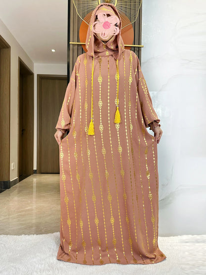 High Grade Cotton Fabric Ramadan Muslim Two-Hat Abaya Dubai Turkey Islam Prayer Clothes Gold Dust Dress Islam Women Dress Kaftan