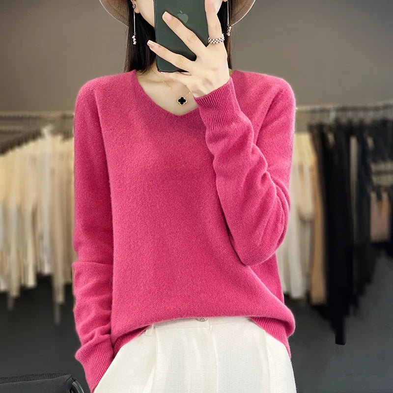 Women 100% Merino Wool Sweater V-Neck Basic Pullover Autumn Winter Cashmere Clothing Long Sleeve Soft Knitwear Tops Solid Color