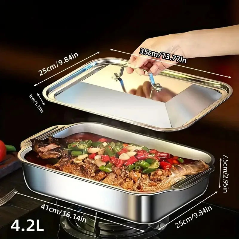 Stainless Steel Grilled Fish Pan Large Capacity with Lid Oven BBQ Plate Easy To Clean Rectangular Roaster Pan Fried Beef Seafood.