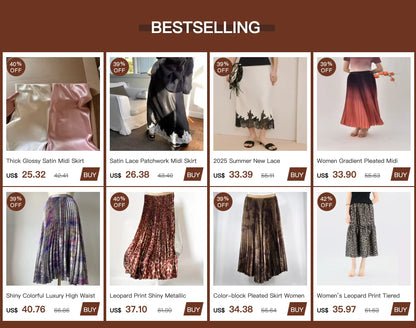 Satin Lace Patchwork Midi Skirt 2025 Women A-line Elegant Smooth Skirt Women Clothing.