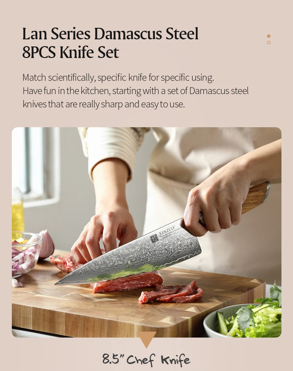 XINZUO 1-8pcs Kitchen Knife Set 73 Layers Custom Damascus Steel 15°±1 Per Side Steel Blade with Olive Wood Handle.