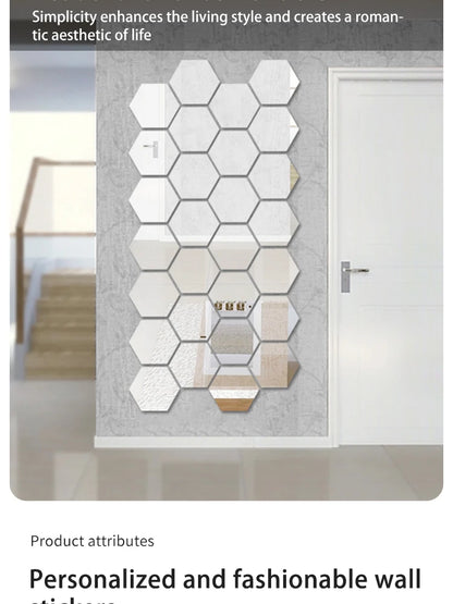 12PCS/Lot Removable Geometric Mirror Wall Stickers - Solid Hexagonal Shape, DIY with Built-in Adhesive for Home Decoration.