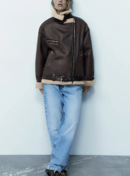 Frau dicke warme doppelseitige Faux Shear ling Jacke Herbst Winter neue Revers Langarm Gürtel Saum Reiß verschluss weibliche Oberbekleidung