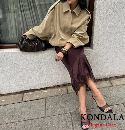 KONDALA Women Elegant Luxury Satin Lace Brown Black Skirt Long Straight Skirt 2025 New Spring Autumn Fashion Party Mujer Skirt.