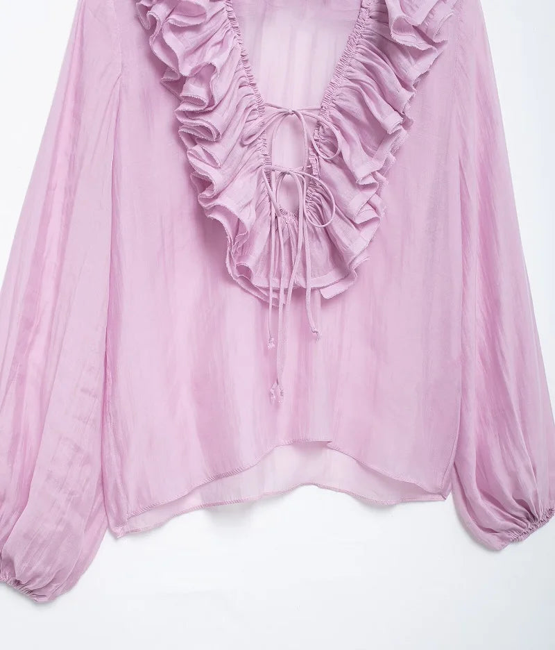 MUJER 2025 Ruffle Blouses for Women Semi Sheer Casual Blouse Woman Pleated Summer Shirts and Blouses Women Long Sleeve Women Top.
