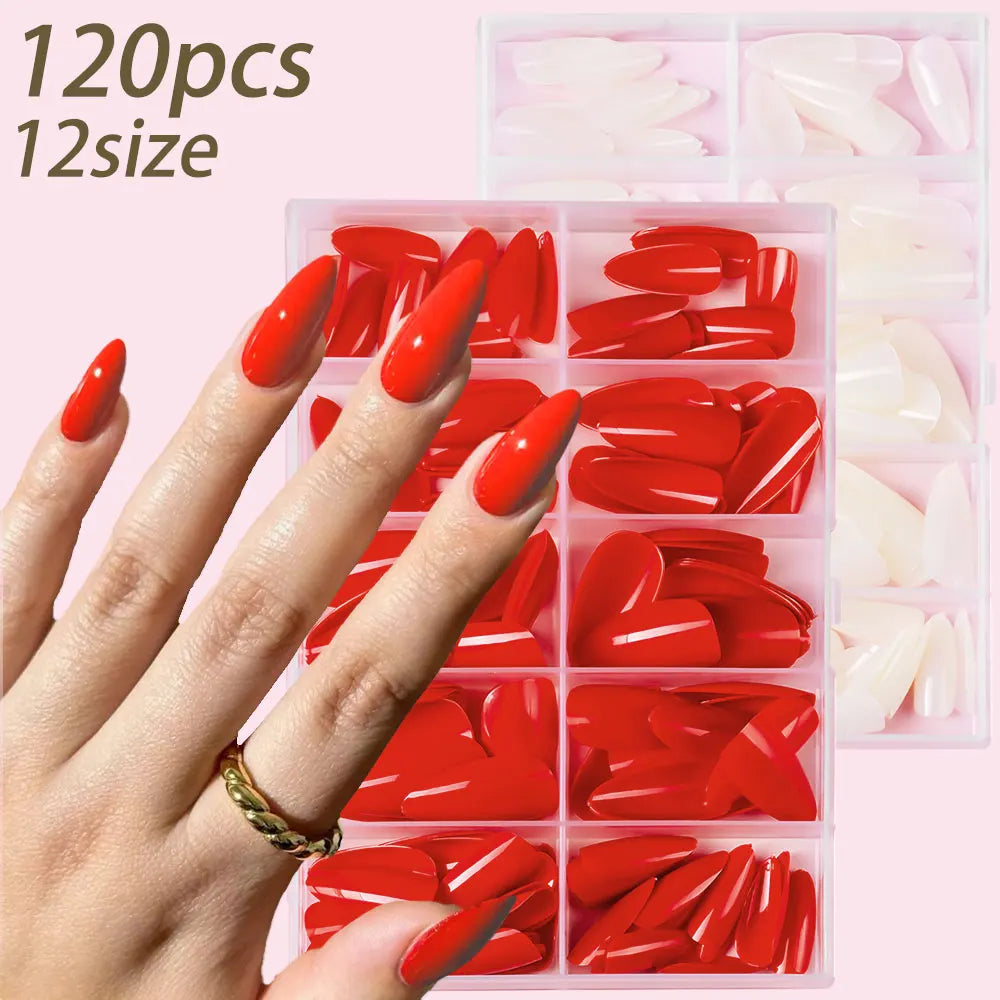 120pcs/box Red White Glossy Acrylic Medium Almond False Nails Solid Color Press-On Nails 12 Sizes Almond Artificial Fake Nails.