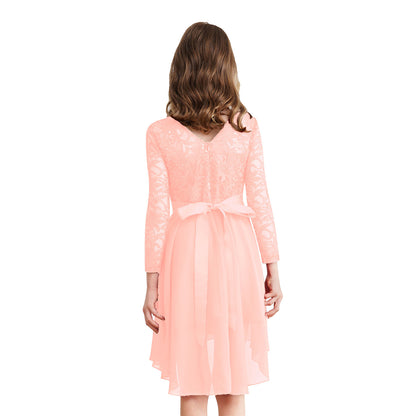 Elegantes Spitzen-Partykleid für Kinder, Mädchen, Chiffon, Spleißen, langärmelig, Kleid mit hohem und niedrigem Saum und Strass-Schärpe für Hochzeit, Geburtstag