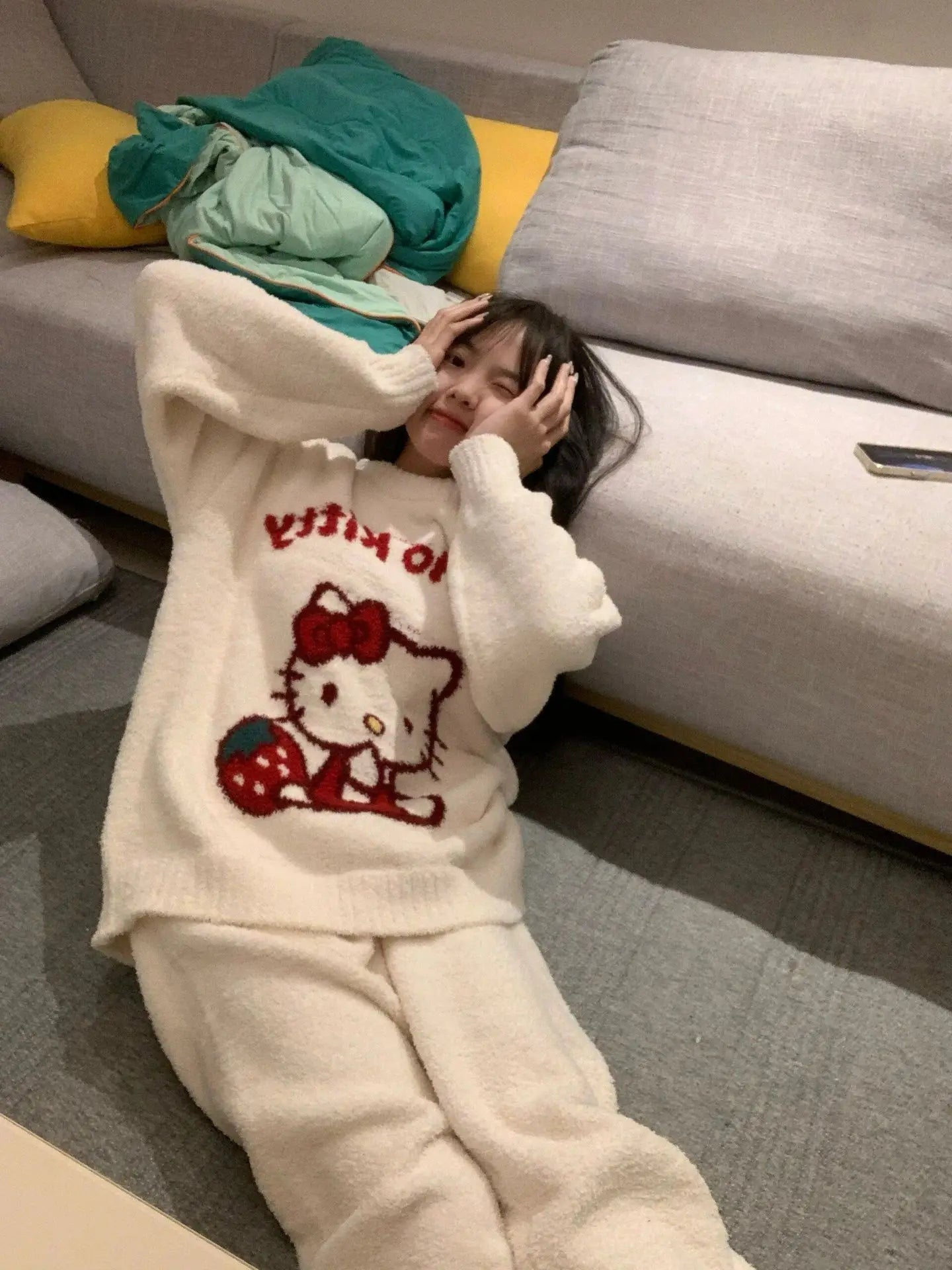 Kawaii Hello Kitty Pajamas Girl Sanrio Long-Sleeved Loungewear Sweet Young Student Girl  Warm Home Clothes Sleepwear Set.