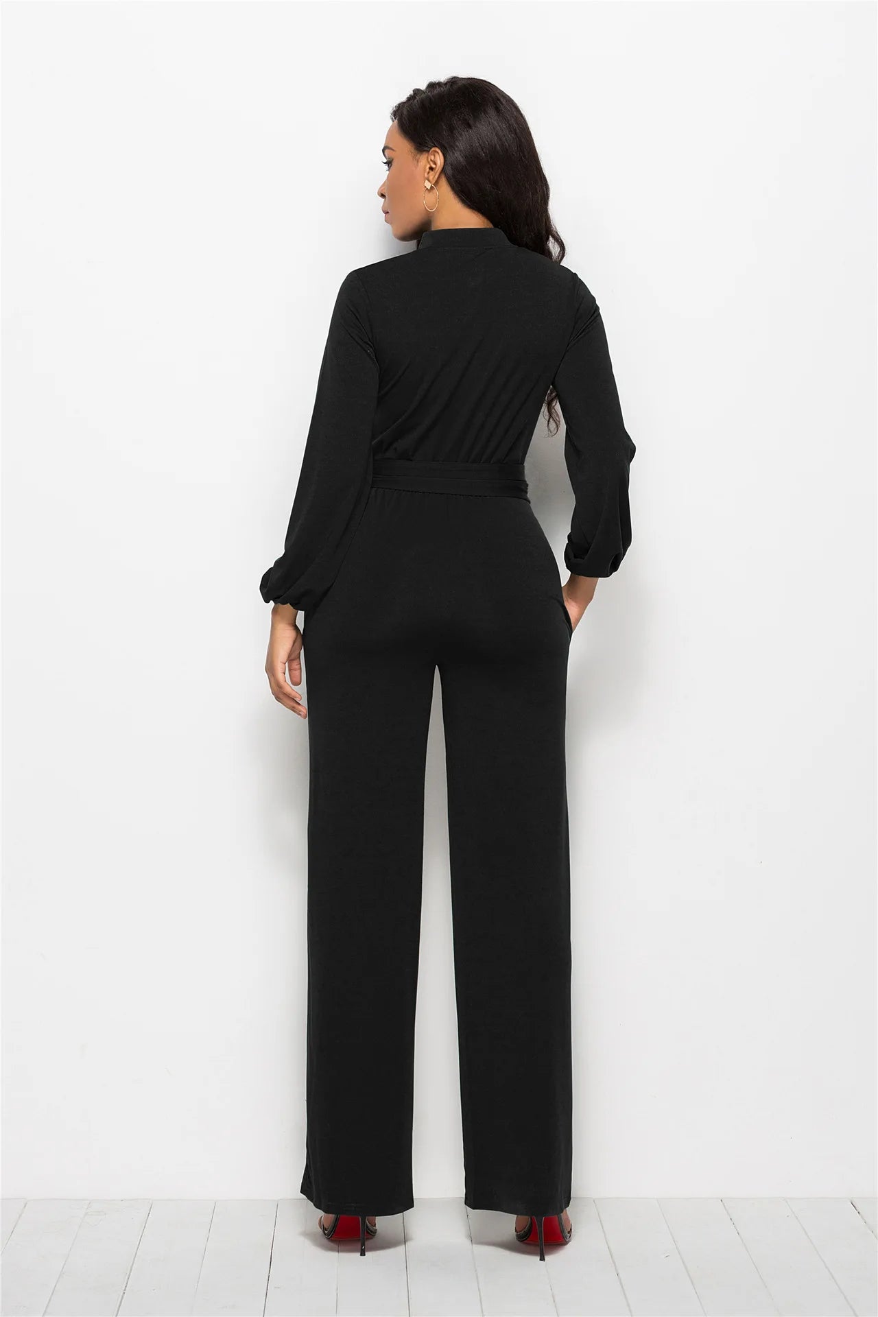Temperament Solid Color Slim Jumpsuits Women Fashion Long Sleeve Buttons High Waist Leace-up Jumpsuit Ladies Commuting Clothing.