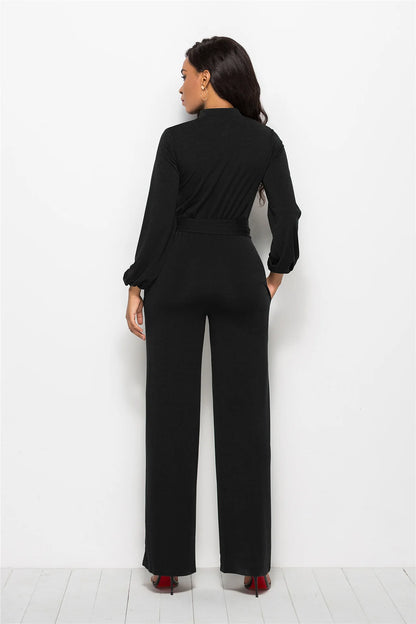 Temperament Solid Color Slim Jumpsuits Women Fashion Long Sleeve Buttons High Waist Leace-up Jumpsuit Ladies Commuting Clothing.