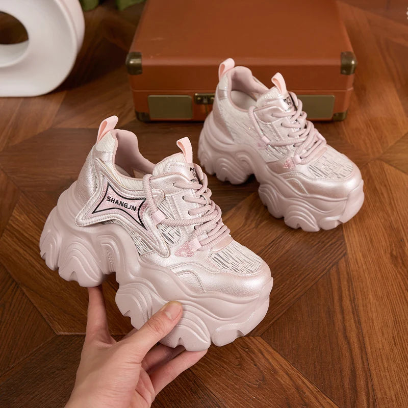 AUTUSPIN 10cm Pink Thick Soled Shoes for Summer Women Breathable Lace-up Ladies Sneakers Outdoor Casual Fashion Platform Shoes.