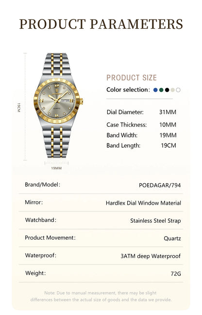 POEDAGAR Luxury Original Ladies Watch Luminous Waterproof Week Date Woman Wristwatch Stainless Steel Women Quartz Watches Female.