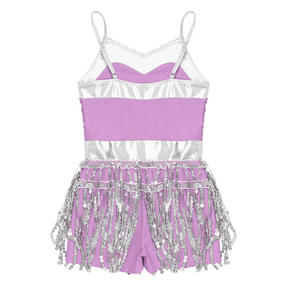 Kinder Mädchen Latin Tanz Kostüm Jazz Samba Cha-Cha Eiskunstlauf Trikot Kleid glänzende Pailletten Quaste Bodysuit für Bühnen performance