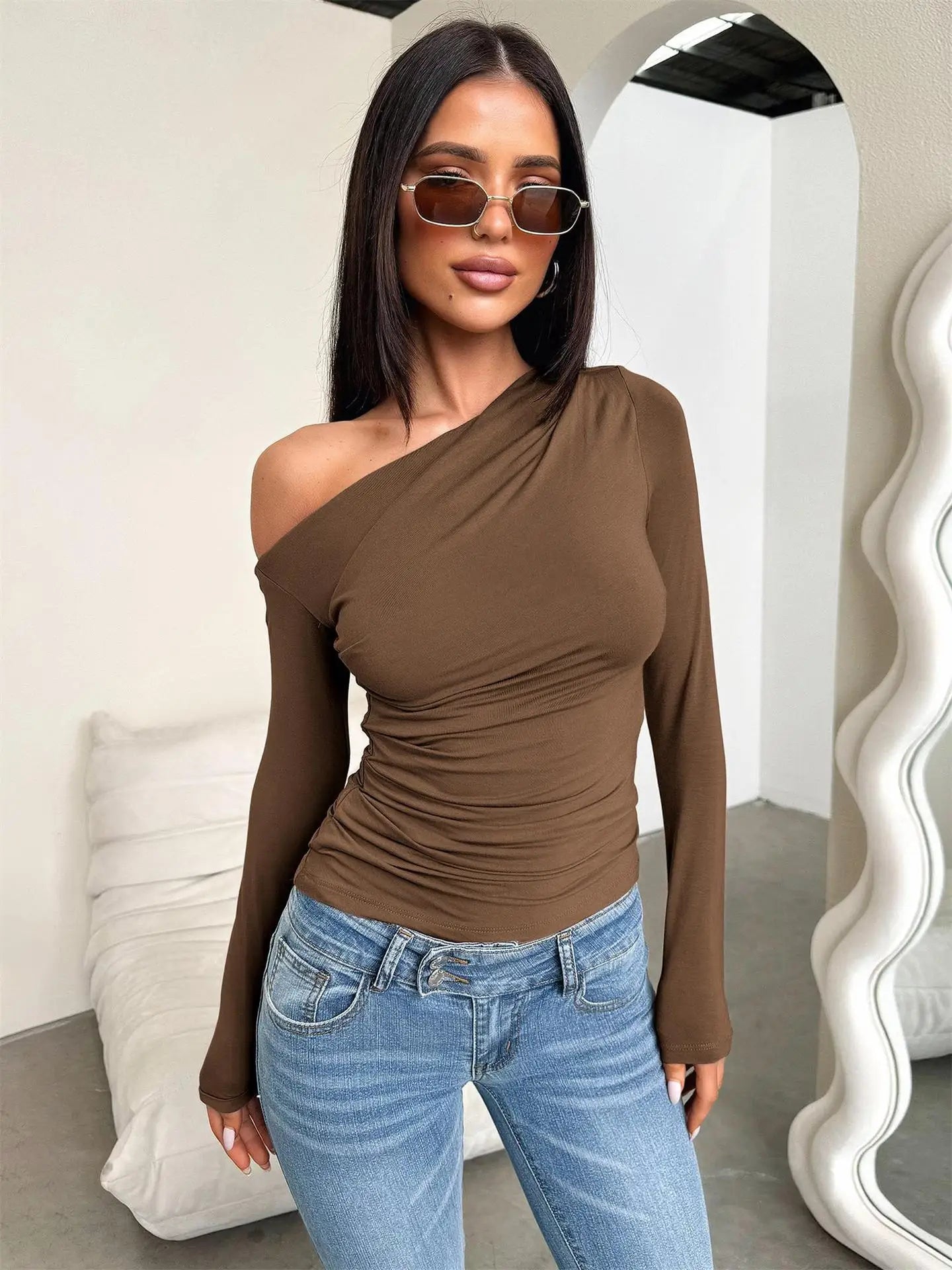 2025 New Spring Women's Casual Long Sleeve Boat Neck Off Shoulder Slim Fit Crop Top Going Out Blouses Y2K Tight Shirts Autumn.