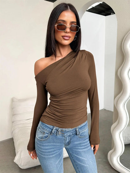2025 New Spring Women's Casual Long Sleeve Boat Neck Off Shoulder Slim Fit Crop Top Going Out Blouses Y2K Tight Shirts Autumn.