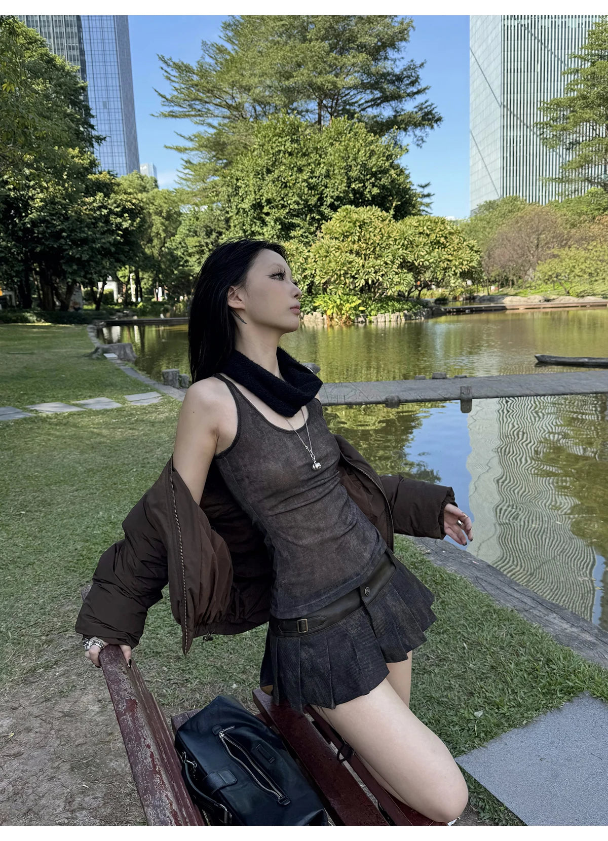 Lautaro Spring Summer Cool Washed Distressed Soft Pu Leather Mini Pleated Skirt Women High Waist Belt Luxury Designer Clothes.