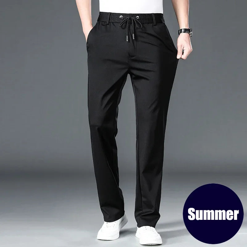10XL Big Size Men's Summer Casual Pants Straight Fit Elastic Waist Trouser Male Classic Office Plus Large Stretch Zipper Pocket