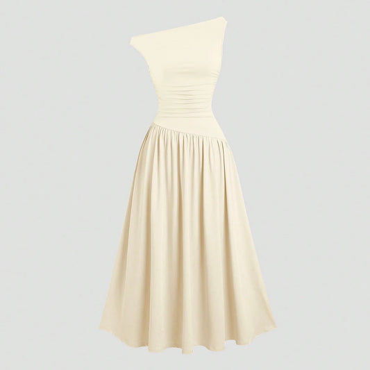 Mia Muse Kleider Sommer Französisch Einfarbig Asymmetrische Falten Ärmellose One-Shoulder Drapierte Midi Basics Kleider Für Frauen