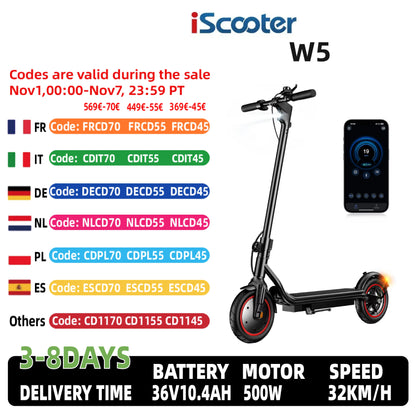 ISCOOTER W5 Electric Scooter Adults 350W motor 36V7.8Ah E-Scooter 8.5" Inflatable road Tires Foldable EScooter.
