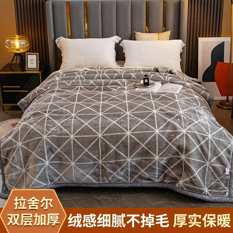 Modern Geometric Cartoon Printed Bedroom Blanket Coral Fleece Dormitory Quilt Thicking Double Layer Multi Purpose Bedding Sheets