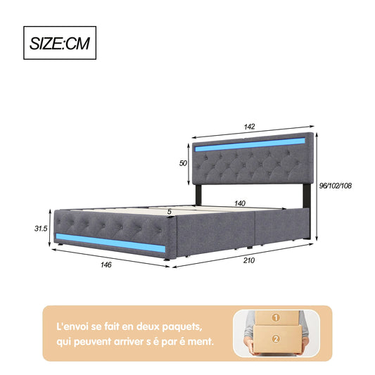 Lazyspace gepolstertes Doppelbett 140/160/180 x 200 cm, mit LED-Licht und 4 Schubladen, Metallrahmen und Holzlatten, Leinen