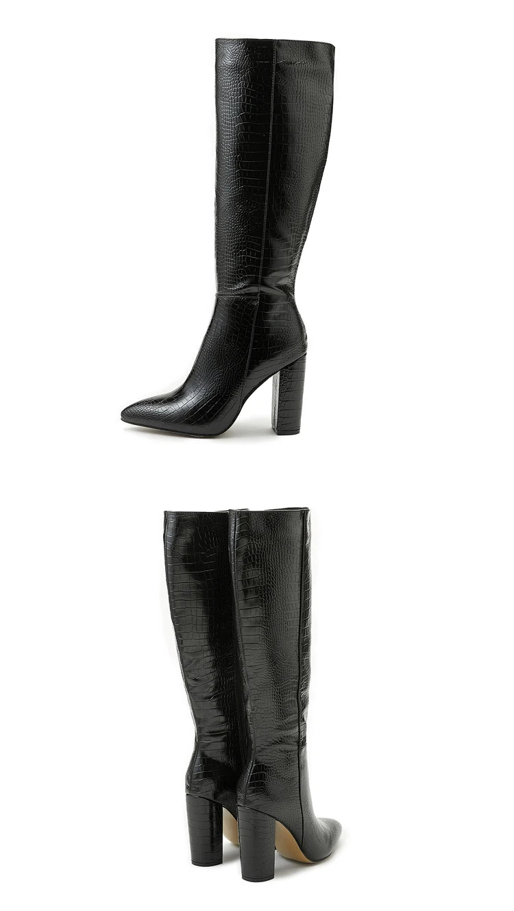 Aneikeh Pointed Thick Heels Knee Long Boots Women's 2025 Spring/Autumn Patent Leather Crocodile Pattern Panel Side Zipper Boots.