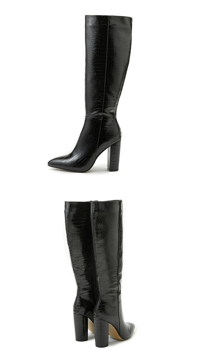 Aneikeh Pointed Thick Heels Knee Long Boots Women's 2025 Spring/Autumn Patent Leather Crocodile Pattern Panel Side Zipper Boots.