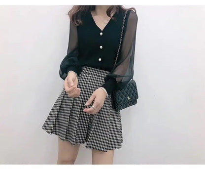 clothe Women's Spring Autumn Style Chiffon Blouses Shirt Women's Knitted Button Long Sleeve Solid Color Lace Patchwork Tops.