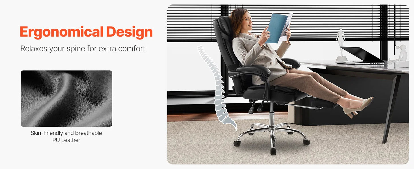 VEVOR Chefsessel Bürostuhl Drehstuhl mit hoher Rückenlehne & Fußstütze & Lendenkissen, ergonomischer Schreibtischstuhl mit 135° Neigung und einstellbarer Höhe, für Arbeit Arbeitszimmer Spielen