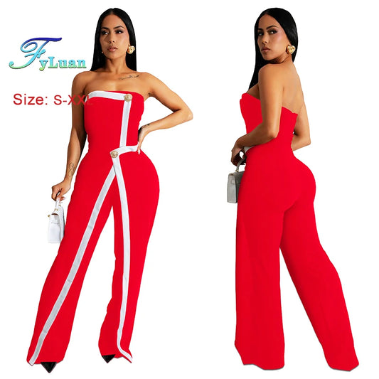 Elegant Sleeveless Wrap Chest Women's Button Strapless Irregular Jumpsuits 2025 One PieceWide Leg Outfits Night Club Streetwear.