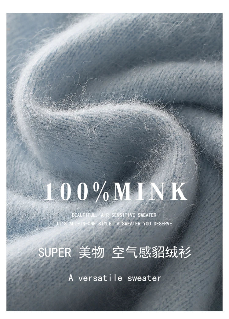 2024 autumn winter new 100% mink cashmere sweater women's pullover slim-fit long sleeve solid color stand collar bottom knitwear.