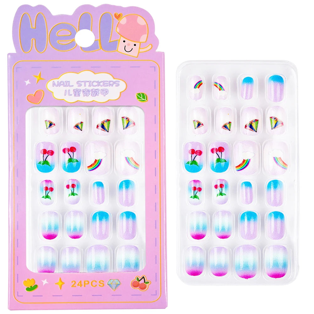 24Pcs/box Kids nails for Girl Cartoon Pattern False Nail Cute Child Fake Nails Tips Kawaii Acrylic Artificial Press on Nail+Tool