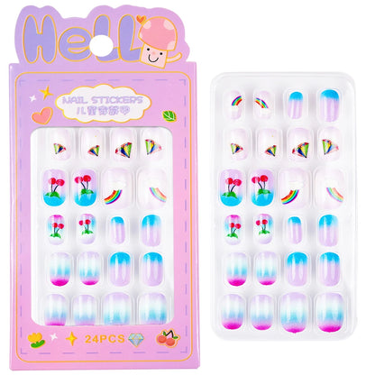 24Pcs/box Kids nails for Girl Cartoon Pattern False Nail Cute Child Fake Nails Tips Kawaii Acrylic Artificial Press on Nail+Tool