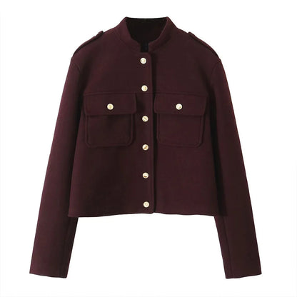 ZBZA Women's Retro Wine Red Cropped Jacket Stand Collar Long Sleeve Buttoned Epaulettes Patch Pocket Coat Fall Winter New Jacket.
